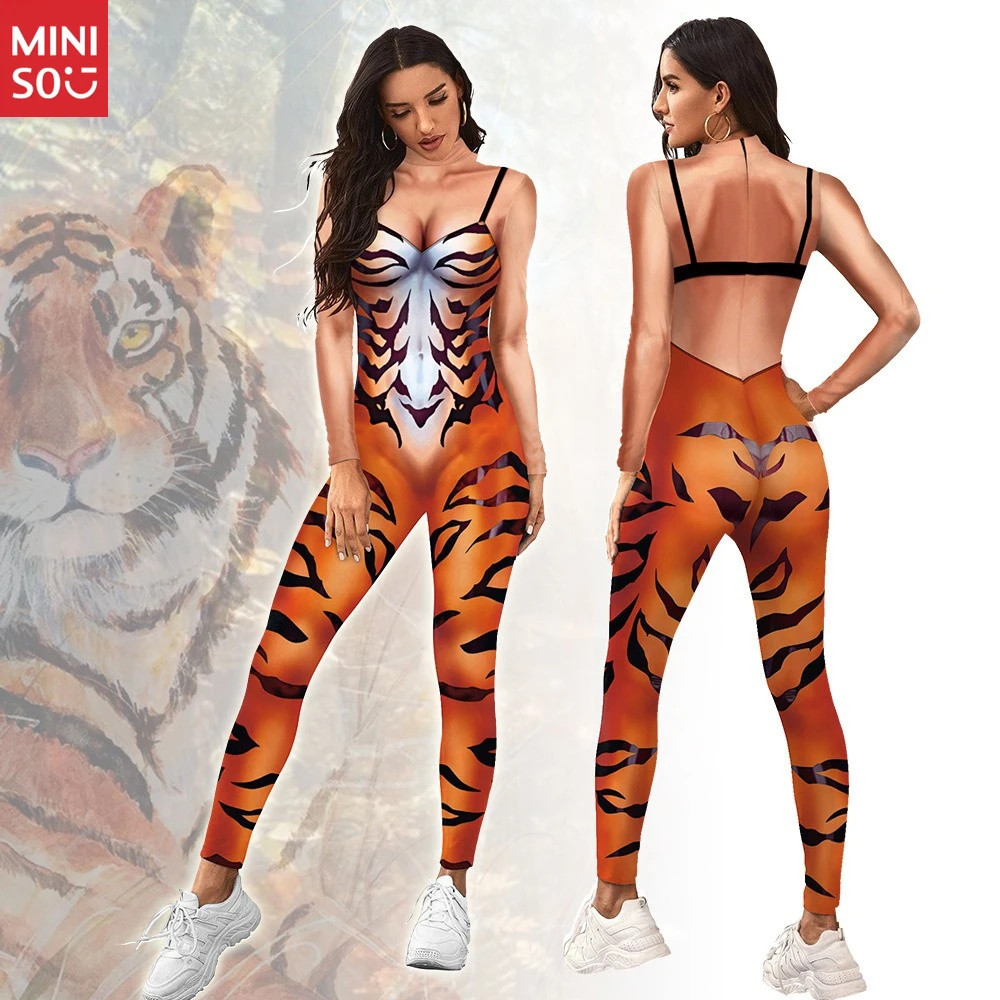 

Miniso Tiger Print Bodysuit for Women | Fitted Long Sleeve Jumpsuit, Athletic Leotard
