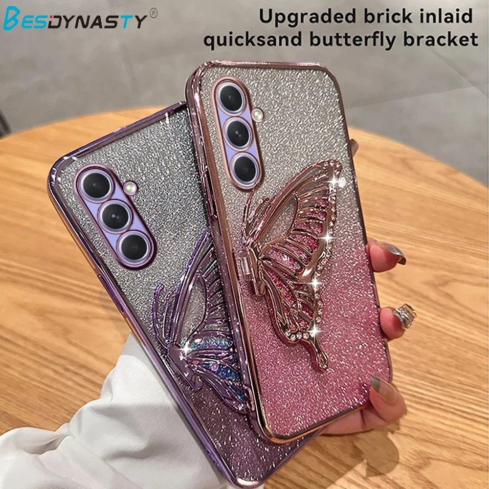 3D Liquid Sand Butterfly Phone Holder Glitter Case for Samsung A55 15 25 05 35 54 14 24 34 53 13 23 33 73 52 32 12 51 50 F15 M55