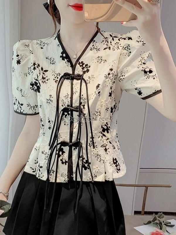 2024 chinese style improved tang suit top sexy v-neck button tassel lantern sleeve blouse elegant exquisite printing chiffon top