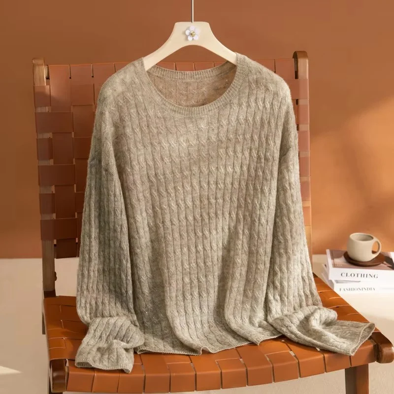 

Блестящий кашемировый шерстяной свитер с круглым вырезом, свободный вязаный пуловер большого размера, джемпер