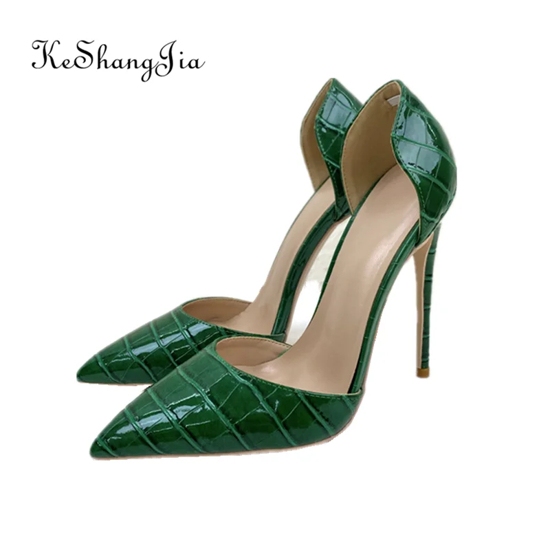 Keshangjia verde scuro coccodrillo modello in rilievo donne punta a punta scarpe tacco alto Sexy Slip On décolleté a spillo di base per Sexy