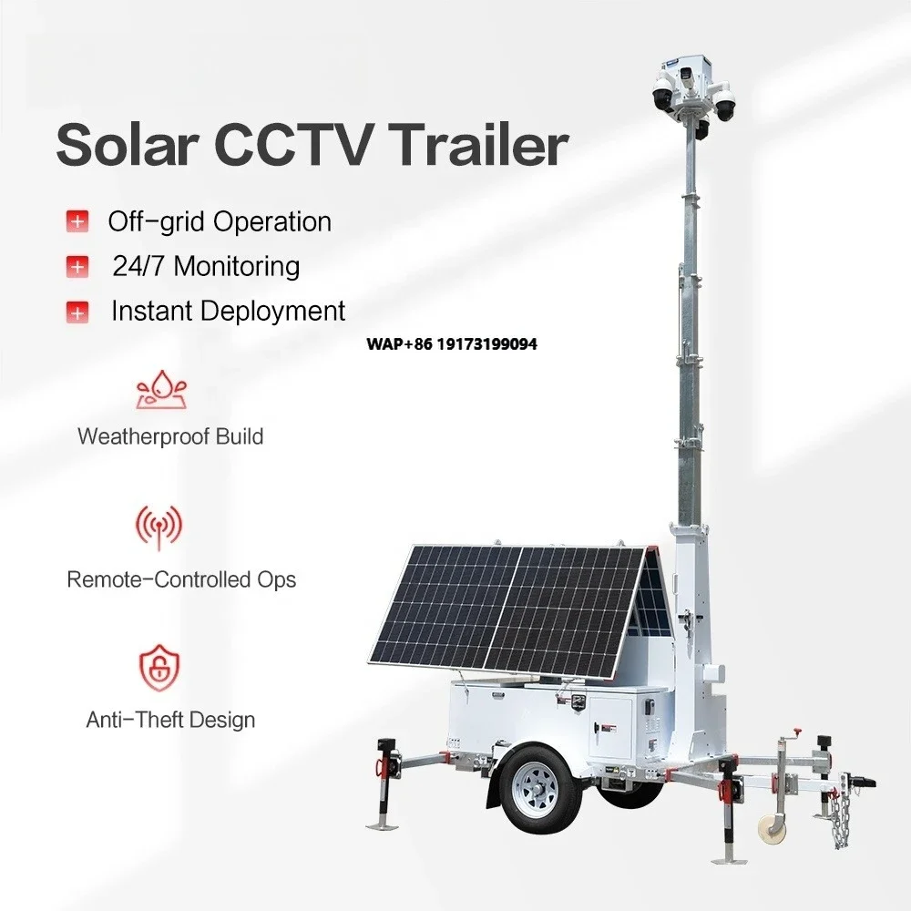 Mobile Solar Surveillance Trailer with 2x600W Mono-Crystalline Panels IP65 Waterproof for Parking Lot Construction Site Security