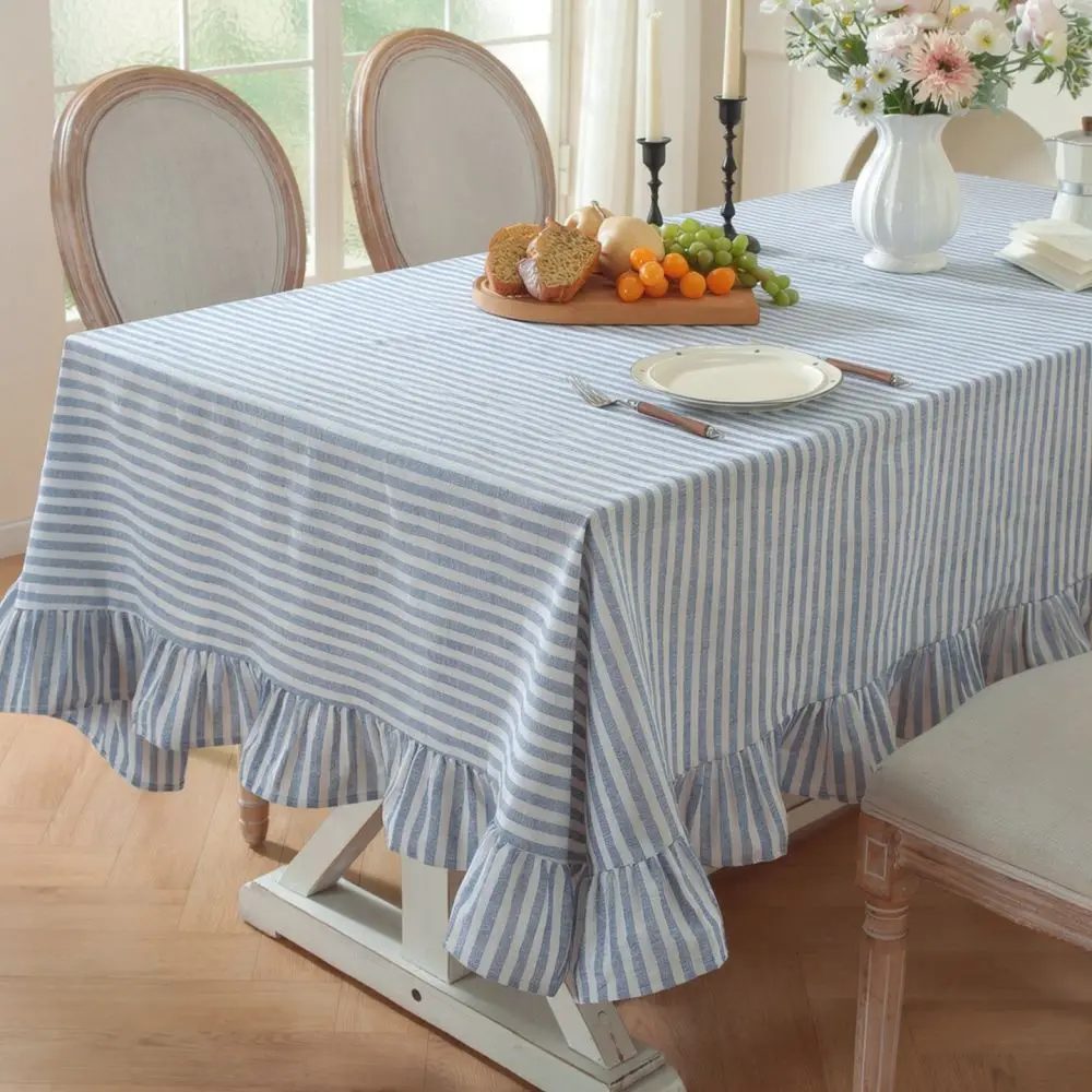 Elegant Cotton Linen Tablecloth Ruffle Trim Minimalist Table Cover Dustproof Protection Mat For Kitchen Dining Room