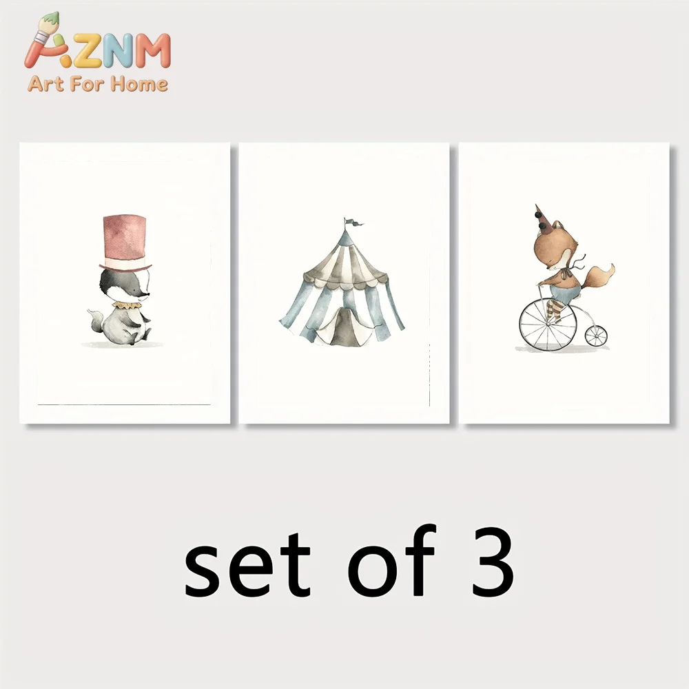 AZNM Watercolor Circus Theme Skunk Fox Canvas Wall Art, Cute Animal Tent Vintage Bicycle Neutral Soft Tone Print Painting for Ba view 4