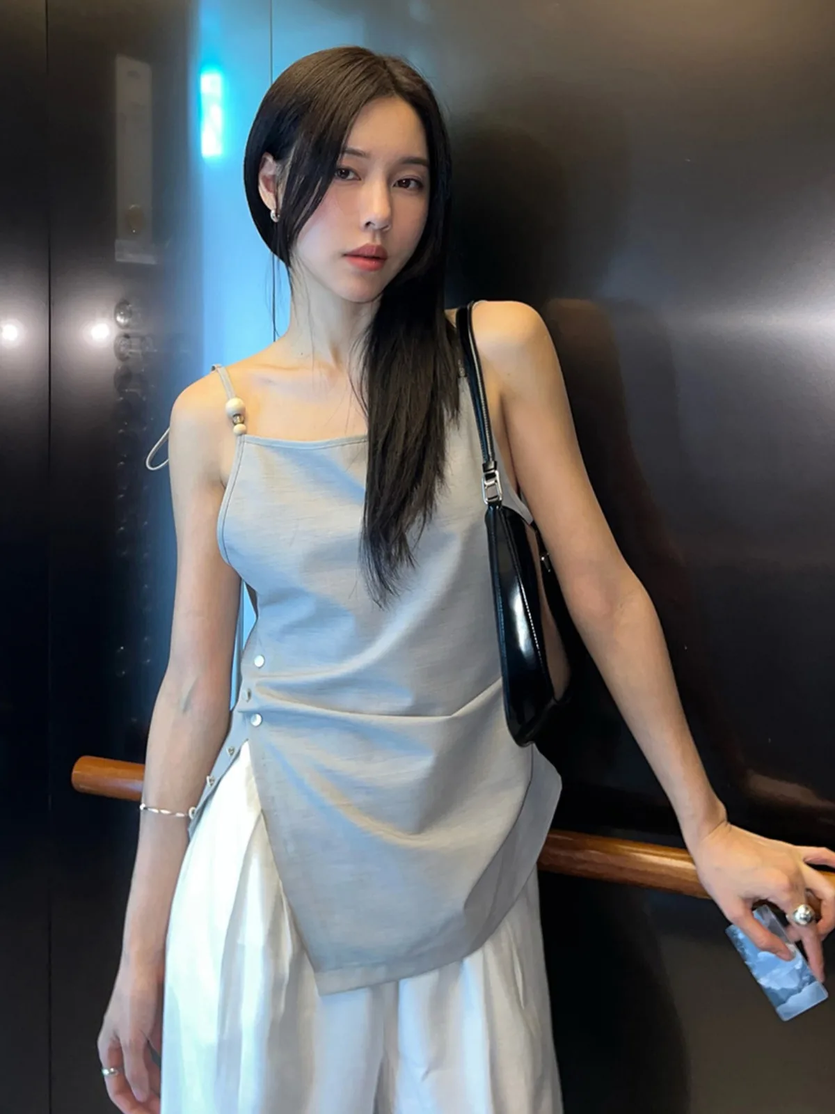 

Korean Style Sleeveless Side Gather Irregular Backless Vest Strap Top Women's Fashion Spring Autumn Winter Casual Wear