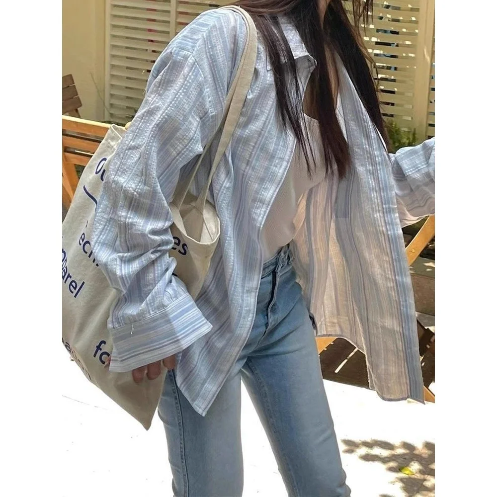 

Summer Blue Striped Women's Long Sleeve Shirt Jacket Lightweight Loose Slimming Sun Protection Top Collar Mid-Length