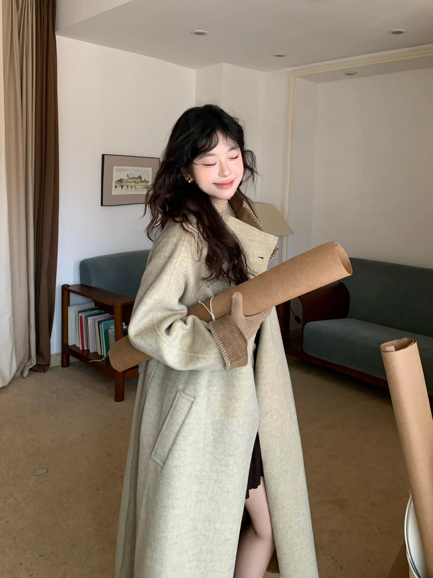 

Moby Double-Faced Camere Woolen Coat Women's Winter Mid-Length Turn-down Collar Thiened Long Sve Commute Sle Outerwear