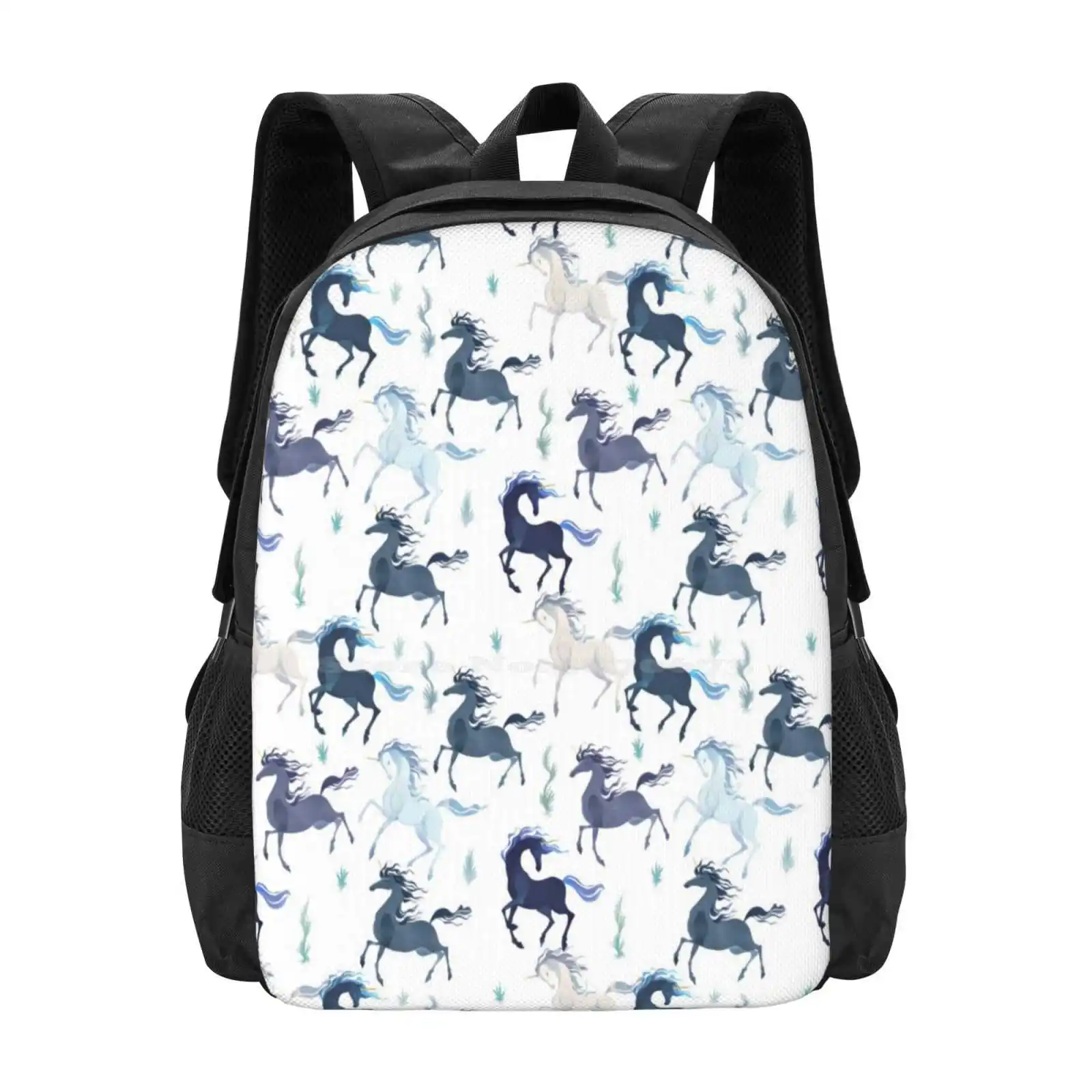 Unicorns Pattern Pattern Design Bag Student'S Backpack Unicorns Pattern Grass Horses Equine Fantasy Myth Free Animals Story