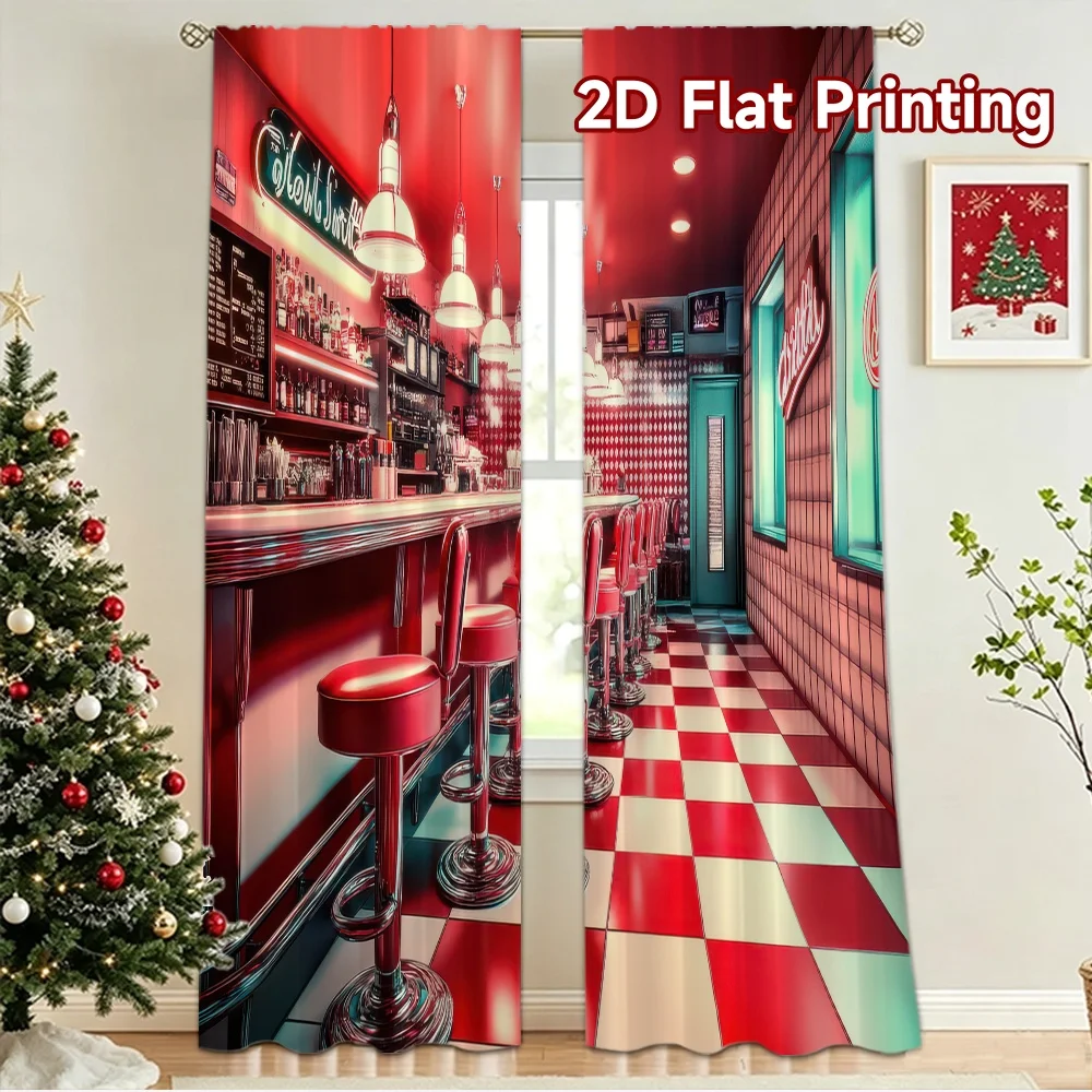 2D flat 2pcs Curtain Modern Minimalist Style Retro Diner Interior (2) Durable polyester fiber Family Party Decoration for Indoor