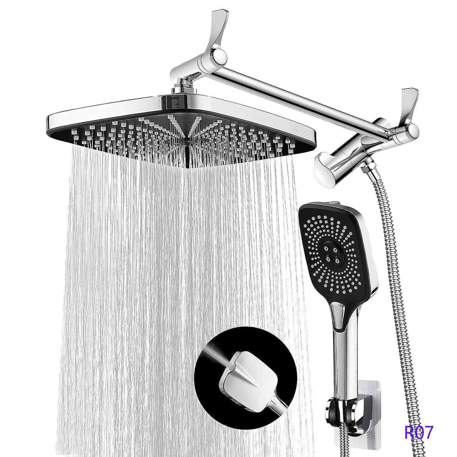 12 inch Square Rainfall Shower Set 3 Function Handheld Sprayer with Gun