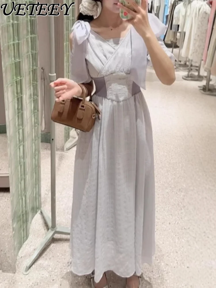 2025년 여름 신상 우아한 오프숄더 허리 리본 숄더 스트랩 프린트 드레스, 니치 하이웨이스트 슬림 드레스, 출퇴근룩