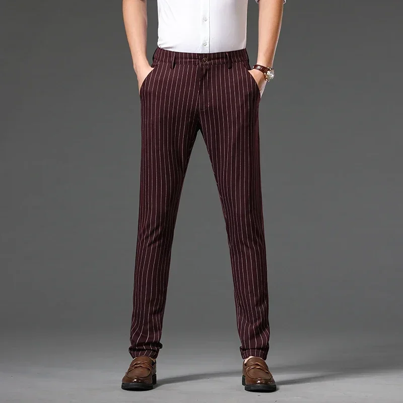 Pantalones a rayas de otoño para hombre, pantalón Formal de negocios, rojo, gris, azul, negro, ajustado, sin hierro, traje de lujo para oficina,