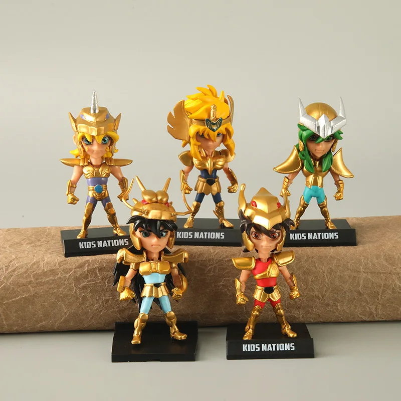 5pcs/set Cute Gold Saint Seiya Glacier Xewu Zilong Shun Pvc Action Figure Collectible Figure Toys 10cm Holiday Gifts Kids Gifts