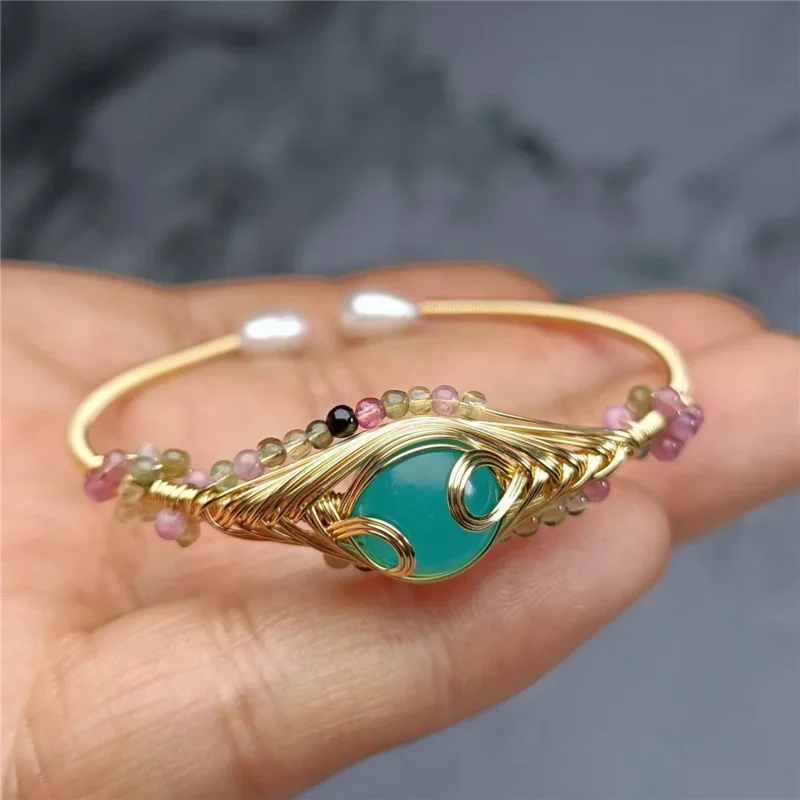 Natural High Ice Permeability Handmade Winding Bangle Tianhe Stone Candy Color Tourmaline 14k Gold Filled Design Model Lady Gift