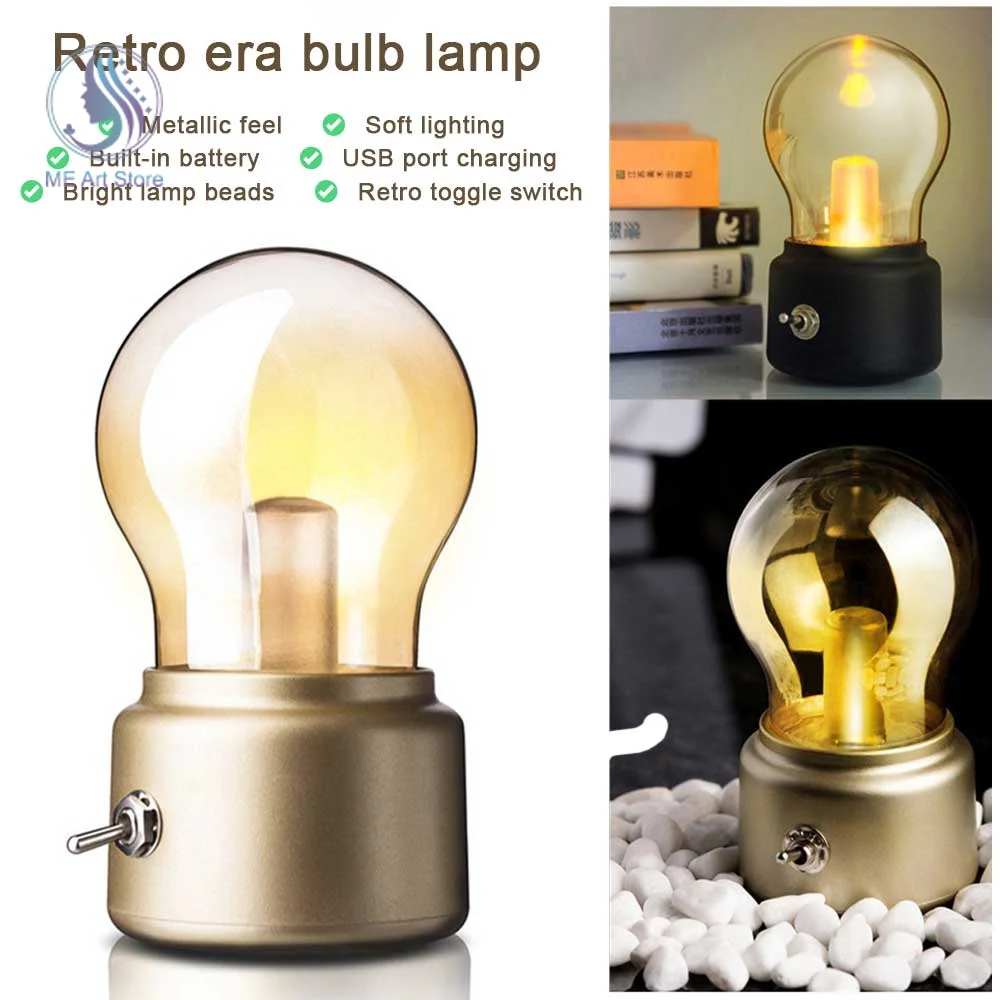 Retro Era Bulb Light Rechargeable Vintage Retro Cordless Table Lamp Bulb with Glass Lampshade for Bedroom Decoration