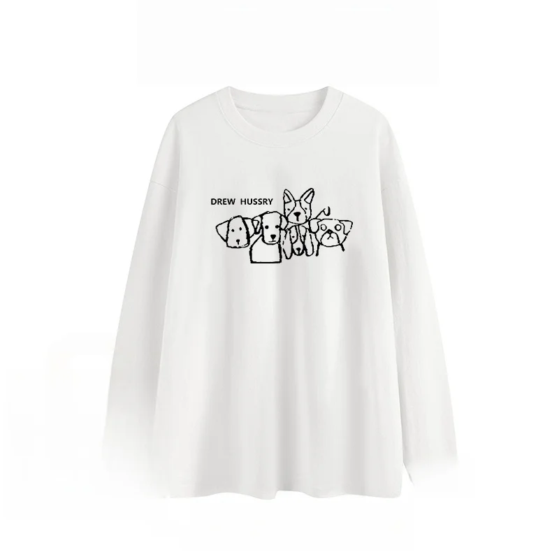 

Весенне-осенняя новая повседневная американская ретро-вековая белая футболка с длинными рукавами и принтом собаки для женщин, блузка, топ