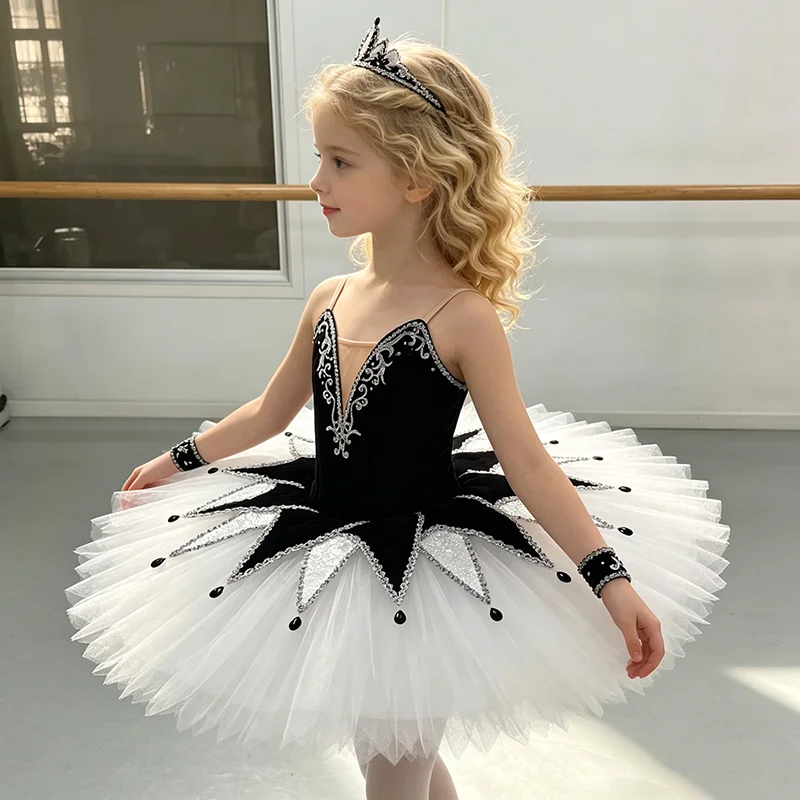 Womens Thin Strap V Neck Ballet Tutu Performance Dress Silver Rhinestone Symmetric Pointed Diamond Contrast Applique Black White