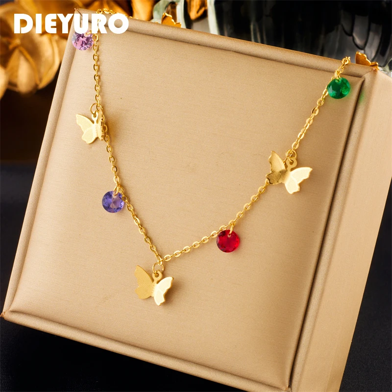 DIEYURO 316L Stainless Steel Colorful Zircon Butterfly Pendant Necklace For Women Fashion Clavicle Chain Non-fading Jewelry Gift