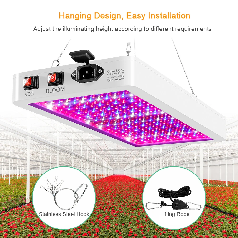 1000W/2000W LED Grow Light for Indoor Plants 216/312 LEDs Full Spectrum Dual Switch IP65 Waterproof Hanging Plant Growing Lamps