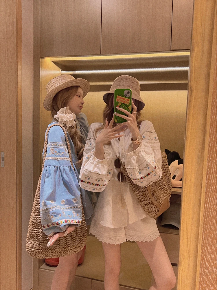 

Blue Heavyweight Embroidered Linen Cotton Doll irt Women's Summer Loose Versatile Top Korean Design Sensation Casual Wear