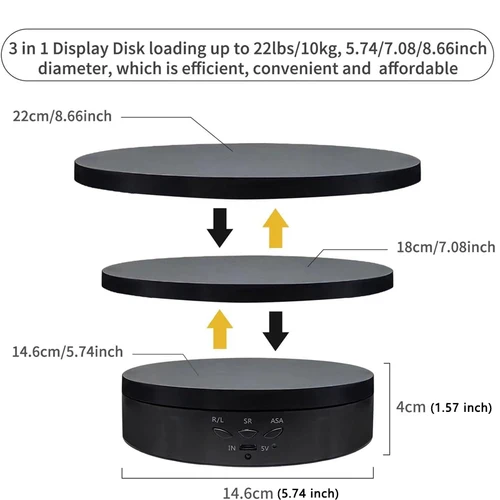 Imagen 1 del producto Visualizador giratorio eléctrico de 360 °, plataforma giratoria con 3 velocidades de regulación, soporte de exhibición de carga USB para grabación de vídeo, utilería para zapatos de joyería