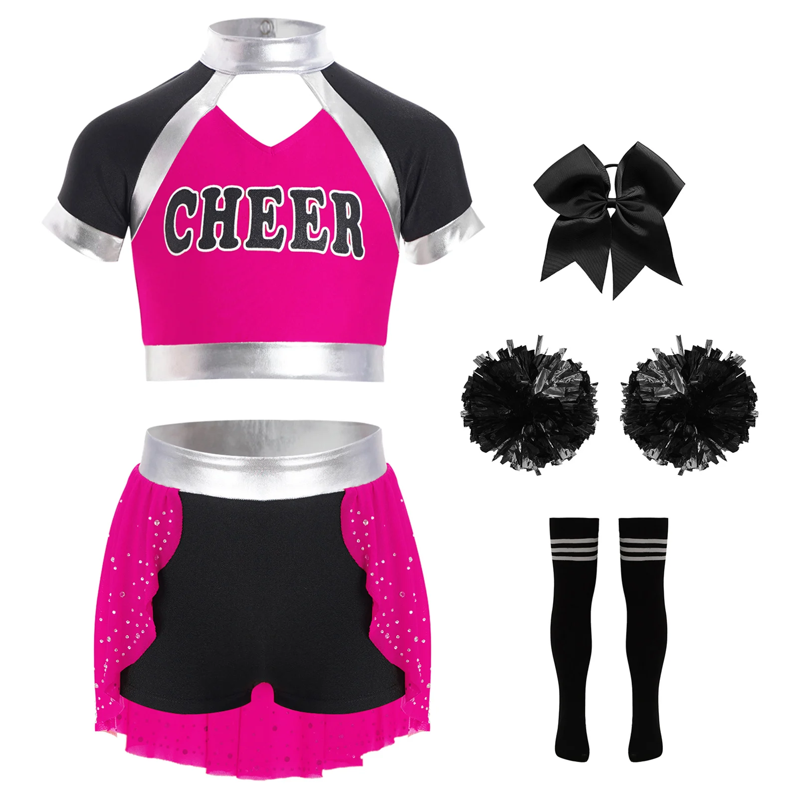 

Kids Girls Cheerleading Uniform Dance Outfit Letter Print Short Sleeve Cutout Color Block Patchwork Crop Top+Skirted Shorts 2Pcs