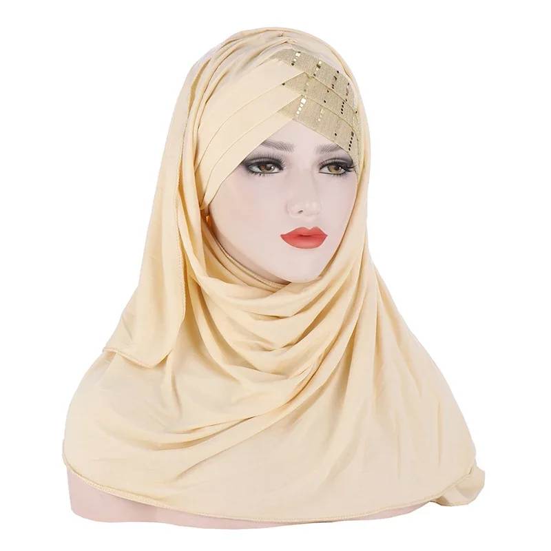 1PCS Women's Muslim Headscarf Hat Solid Color Fashion Sequined Patchwork Scarf Shawl Islamic Dress Accessories Baotou Hat