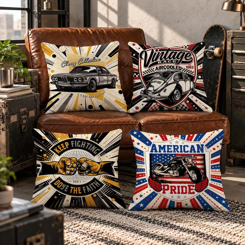 art Retro Car Surfing Graffiti Cushion Cover Short Plush Pillow Cover Soft Throw Cushion Case for Sofa Bedroom Home Decor Gift
