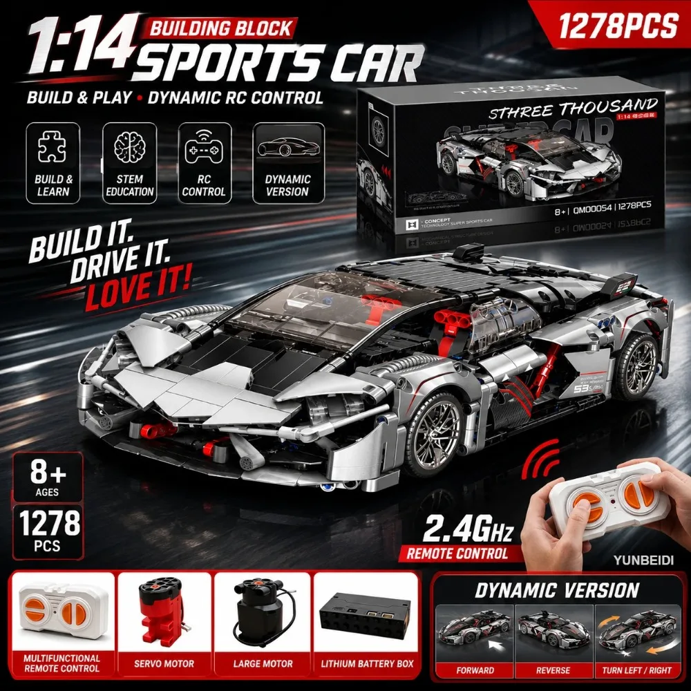 1:14 Building Blocks Racing Car Model 1129PCS+ Static&Dynamic RC Mechanical Racing Car DIY Bricks Assembly Toy Kids Adults Gifts