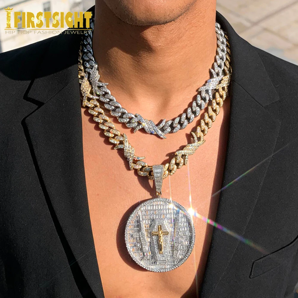 

2026 Новое ожерелье с подвеской «Iced Out Gun Иисус» для мужчин, 12 мм, кубинская цепочка с колючей проволокой, кубический цирконий, очаровательные ювелирные изделия в стиле хип-хоп