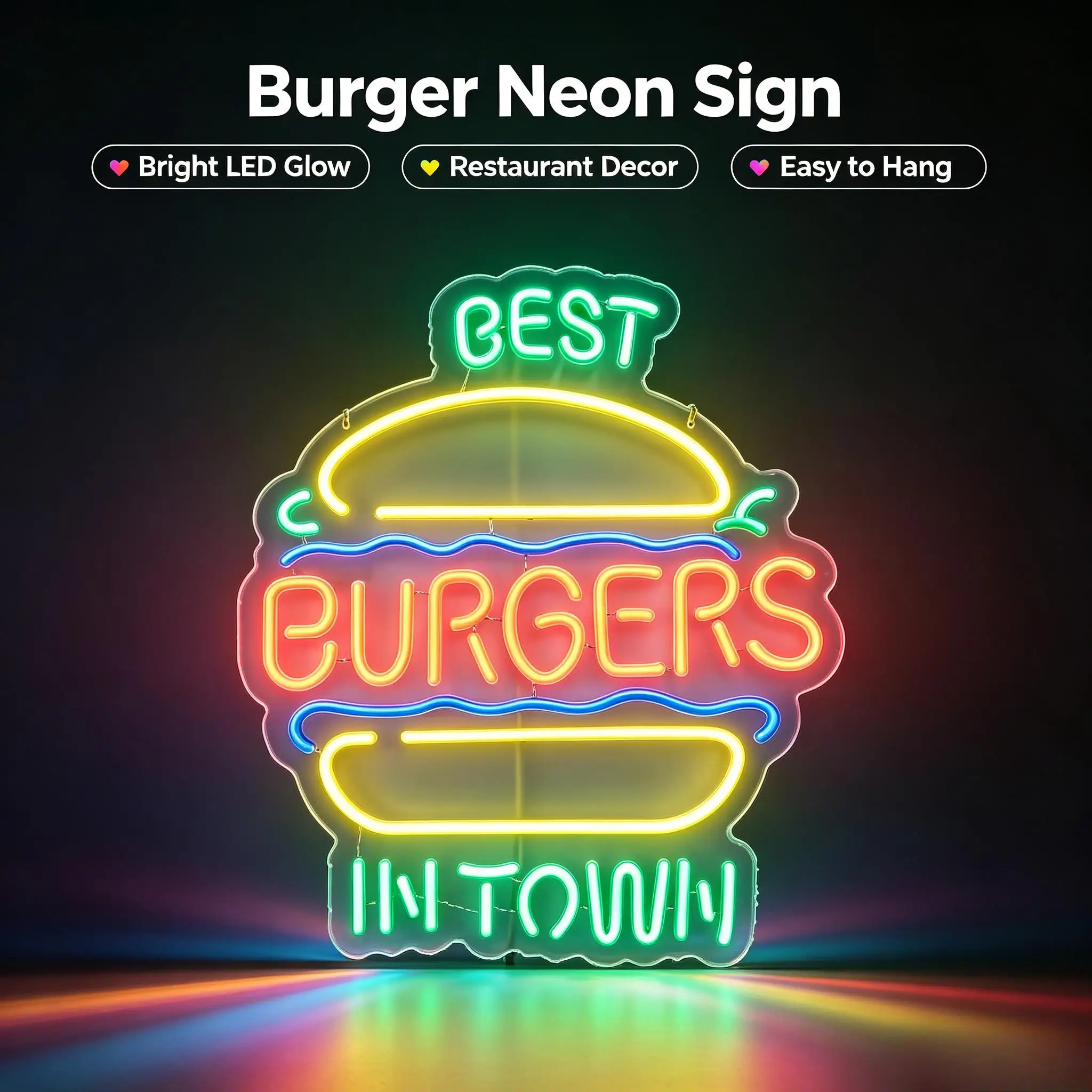Best Burgers In Town Neon Sign USB Dimmable LED Neon Lights For Fast‑Food Restaurant Wall Backdrop Decoration Business Signage