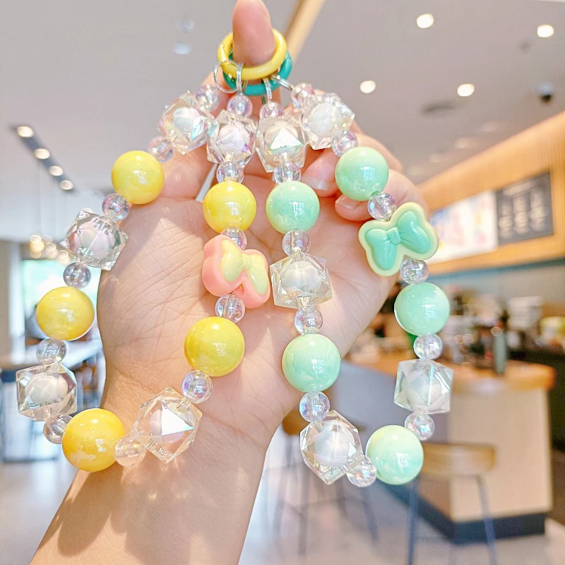 Kawaii Cute Bow Beaded Mobile Phone Chain Candy Color Dopamine Mobile Phone Anti Loss Lanyard Fashion Keychain Pendant Gifts