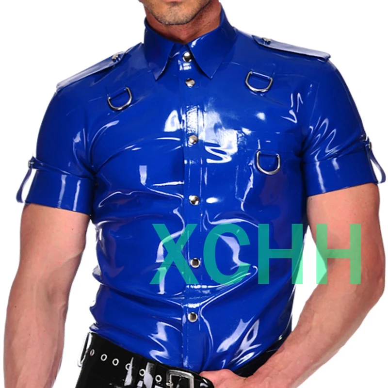 

Blue Sexy Latex Shirt with Buttons At Front Turn Down Collar Short Sleeves D Rings Rubber for Men Handmade