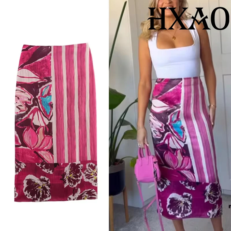 

HXAO Print Long Skirts For Women Vintage Summer Satin Skirt High Waist Floral Elegant Women's Skirts Retro Slit Pencil Skirt