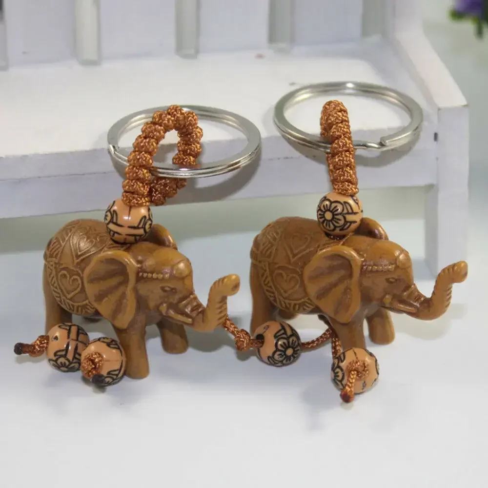 1-5pcs Elephant Keychain Peach Wood Carving Riches Lucky Animal Key Chain Pendant Women Bags Pom Pom Charm Home Key Rings