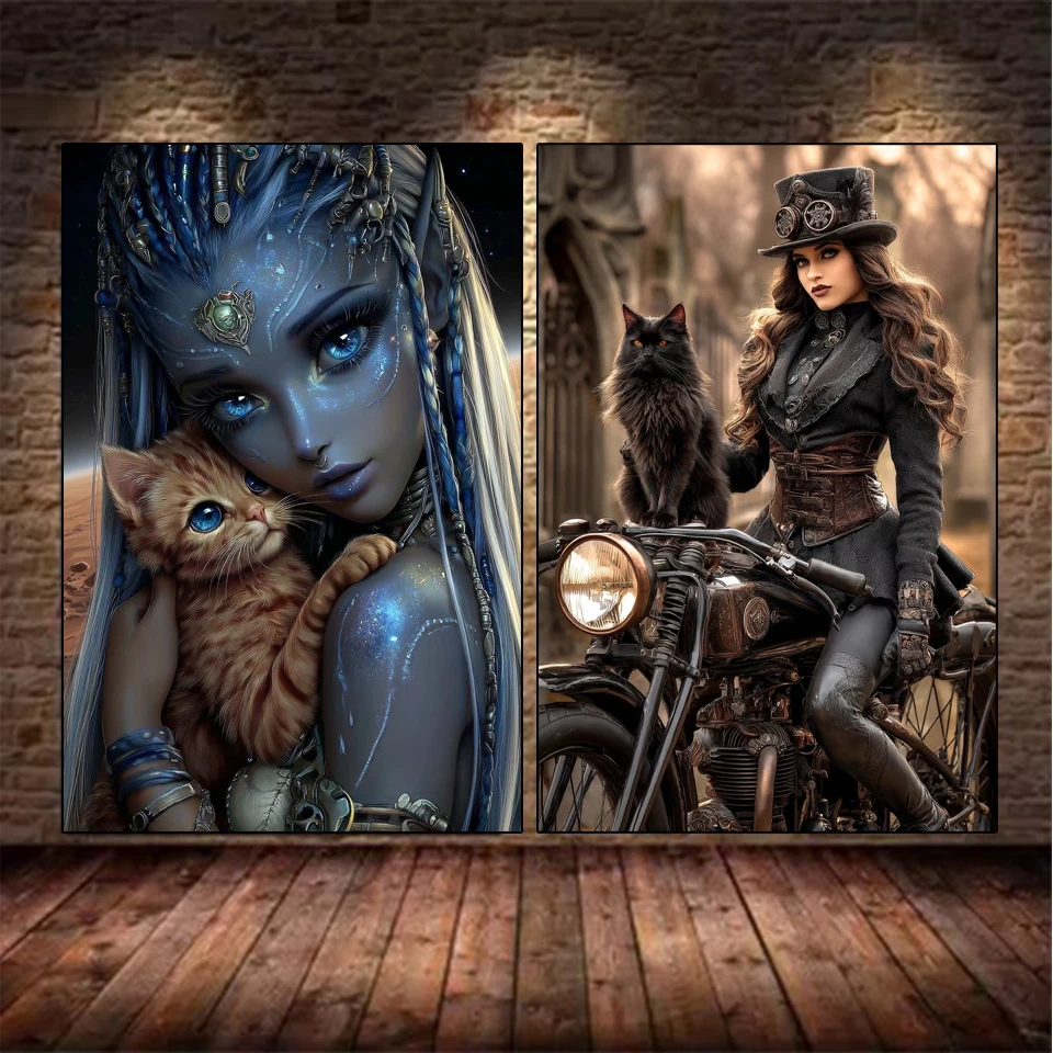 

New Round Square DIY Diamond Painting Gothic Girl Hugging Cat Painting Diamond Embroidery Portrait Rhinestone Mosaic Wolf Craft