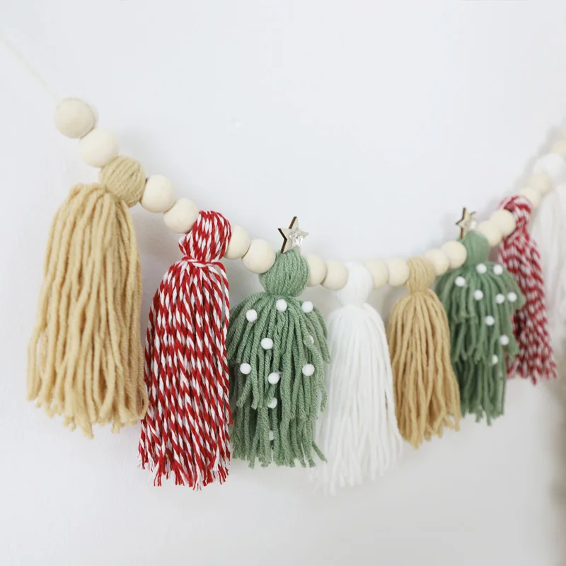 1Pc Christmas Banner Woolen Yarn Tassel Bunting Wooden Highchair Decoration New Year Photoprop Anniversary Supplies