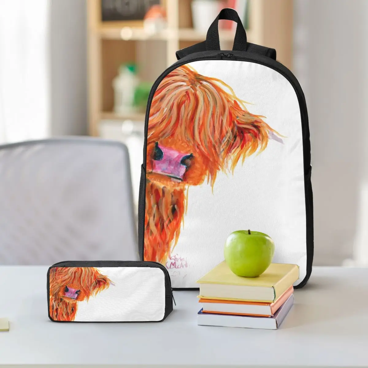 Highland Cow Print Scottish Backpack Boys Girls BookBag School Bag Shoulder Bags 3ps Insulated Lunch Bag Pencil Case