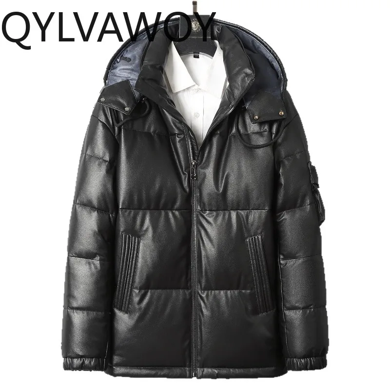 

QYLVAWOY Winter New Men Genuine Leather Down Jacket Top Layer Cowhide Coat Warm Goose Down Coats Hooded Puffer Jackets Outerwear