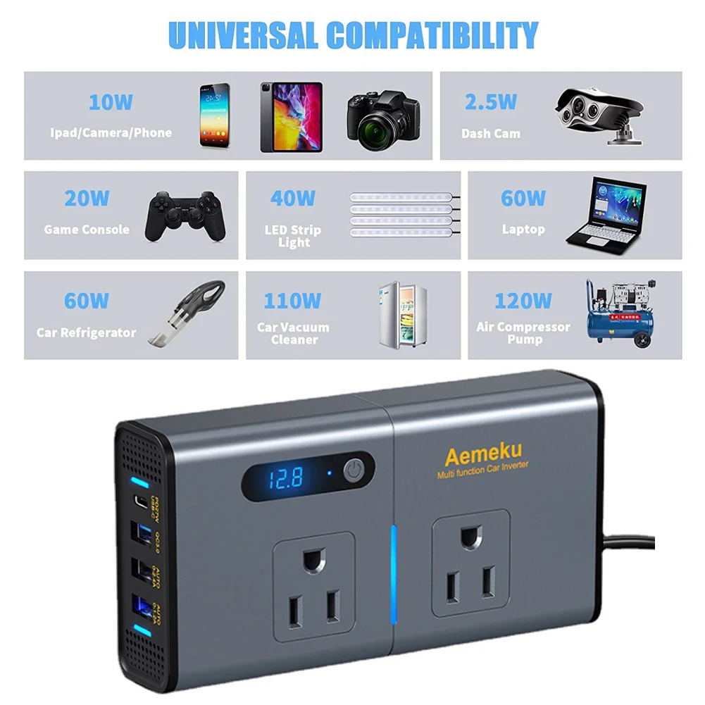 110V Car Inverter DC 12V to AC 110V 220V 200W Converter Auto Power Adapter TypeC USB Fast Charging Station Transformer Accessory