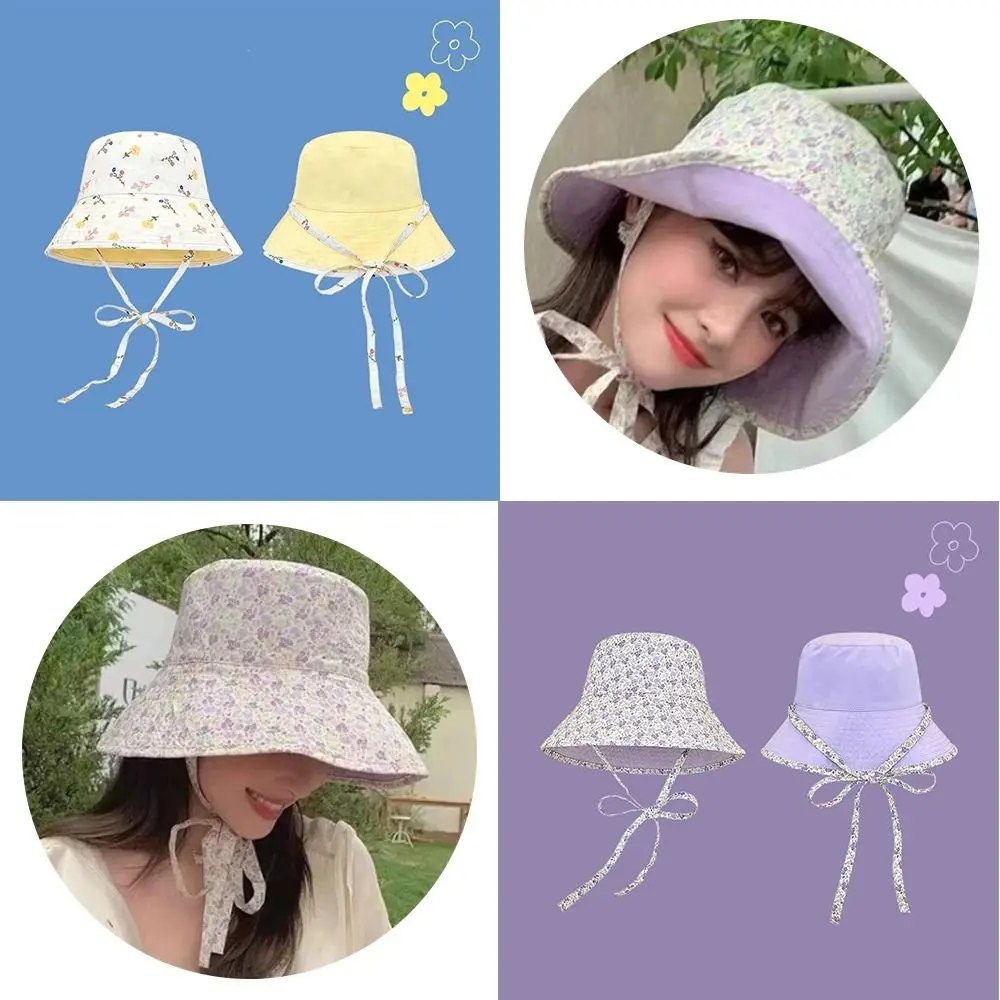 

Lace-up Sun Caps Cute Sun Protection Double-sided Bucket Hats Big Brim Sweet Floral Women's Caps Summer