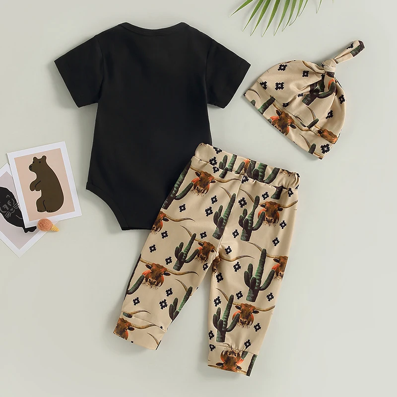 Newborn Baby Western Outfits Cow Print Pants Sets Short Sleeve Romper Pants Suit Infant Boy Girl 3Pcs Summer Outfit