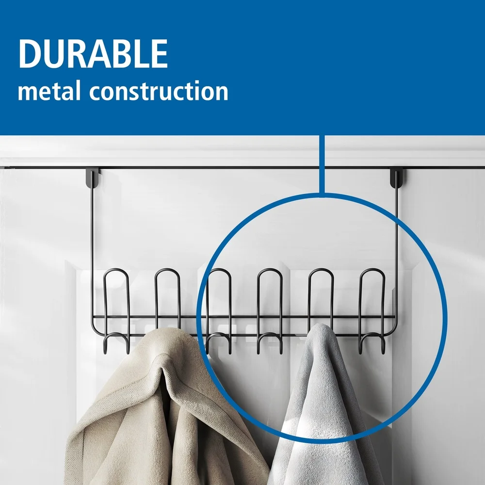 Over-the-Door 6 Double Hooks Towel Rack Organizer Perfect Towels Robes Clothes No Tools Installation Damage-Free Foam Pads