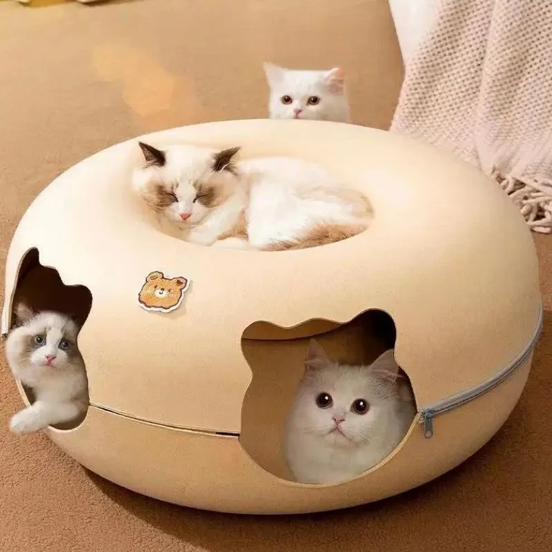 

Cute Shaped Interactive Toy For Cats House Felt Tunnel Cave Beds Removable Donut With Zipper Nest Basket Kitten Pet Supplies Gif