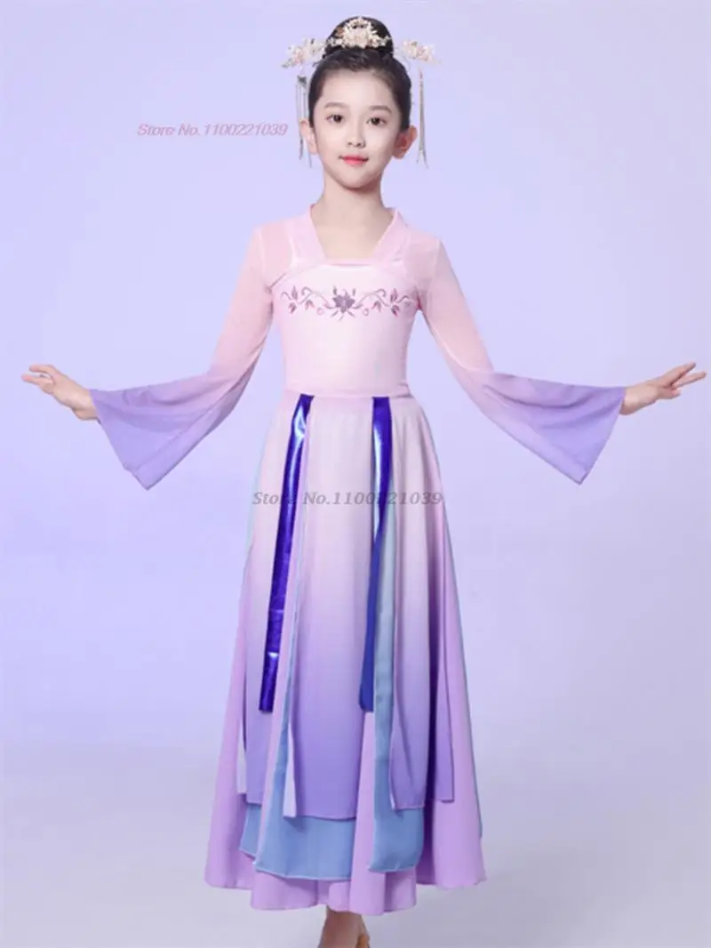 Strój do tańca ludowego dla dzieci chińskich z 2025 roku, elegancki szyfonowy hanfu, zestaw top + spódnica, vintage sukienka wróżki, strój do tańca scenicznego