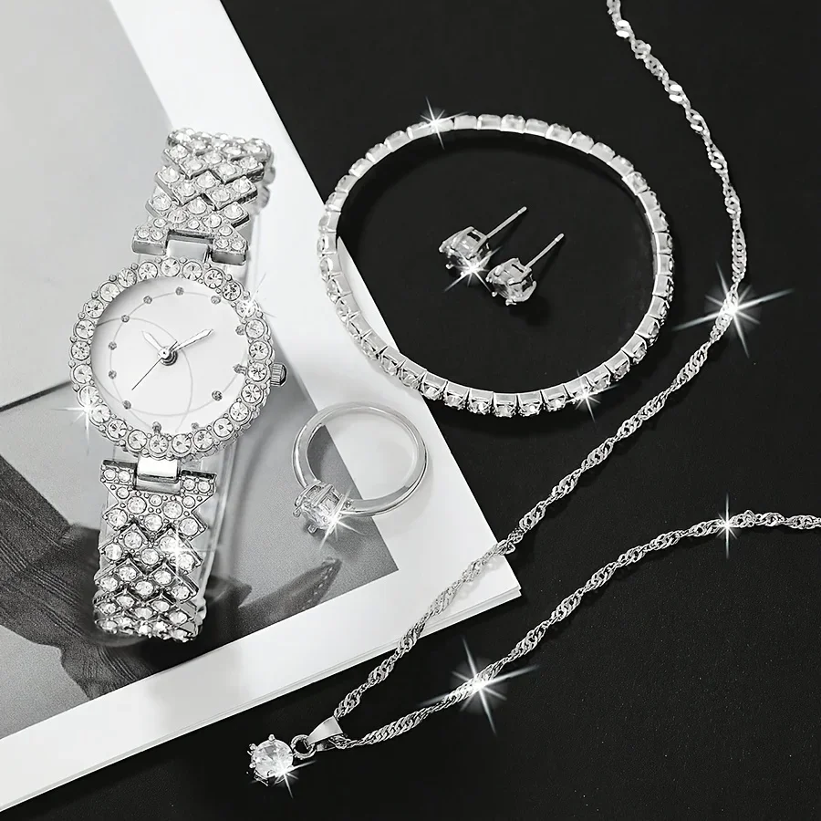 ساعة كوارتز نسائية بمؤشر مستدير ، حجر الراين اللامع ، ساعة معصم تناظرية ، طقم مجوهرات ، هدية لأمي ، لها ، 6 أو