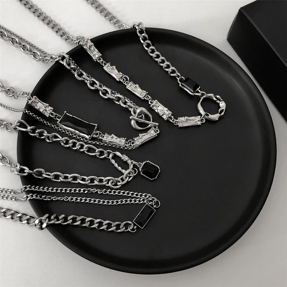 Punk Black Crystal Pendant Necklace for Women Men 2023 Trendy Personality Stainless steel Chain Necklace Goth Emo Grunge Jewelry