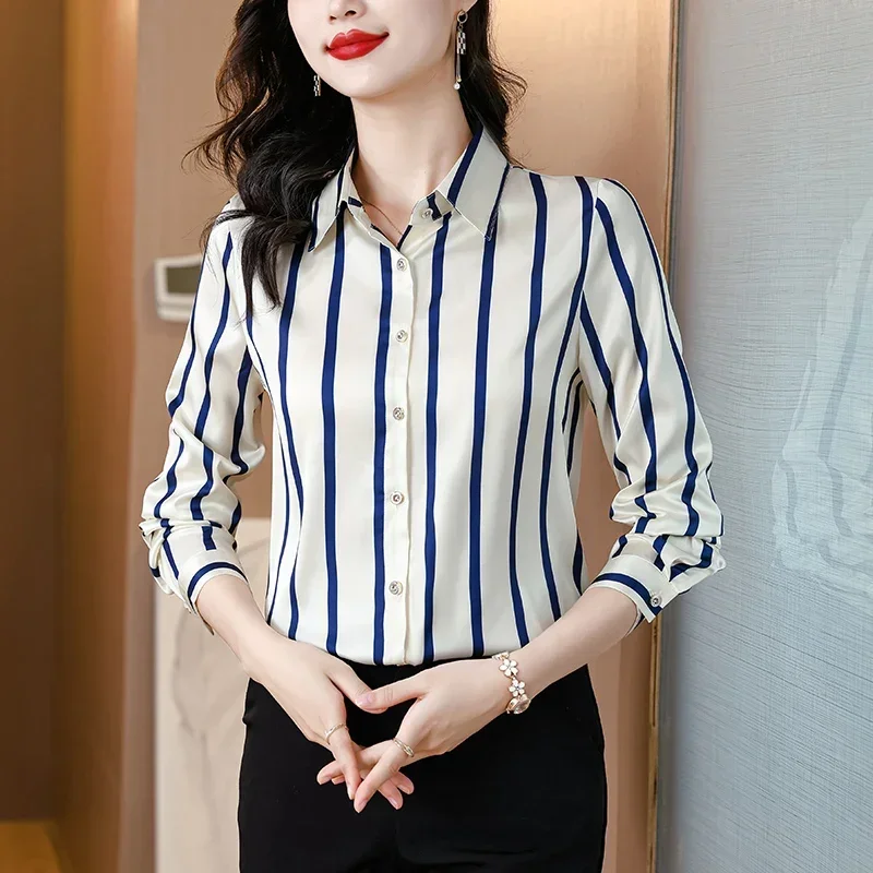 

New 2024 Satin Summer Women's Blouse Casual Fashion Advanced Temperament Simplicity Tops Printing Long Sleeved Shirt