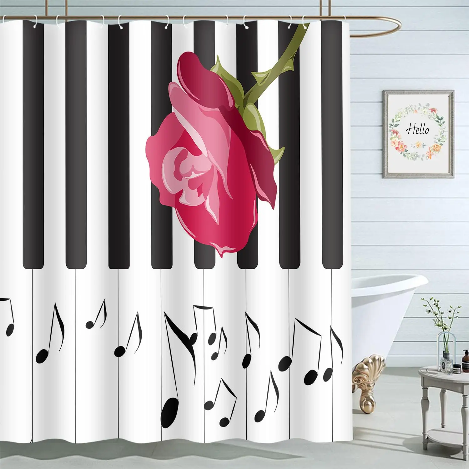 

Музыкальная занавеска для душа Музыкальные ноты Современное романтическое искусство Элегантная полиэфирная ткань Декор для ванной комнаты Шторы с крючками