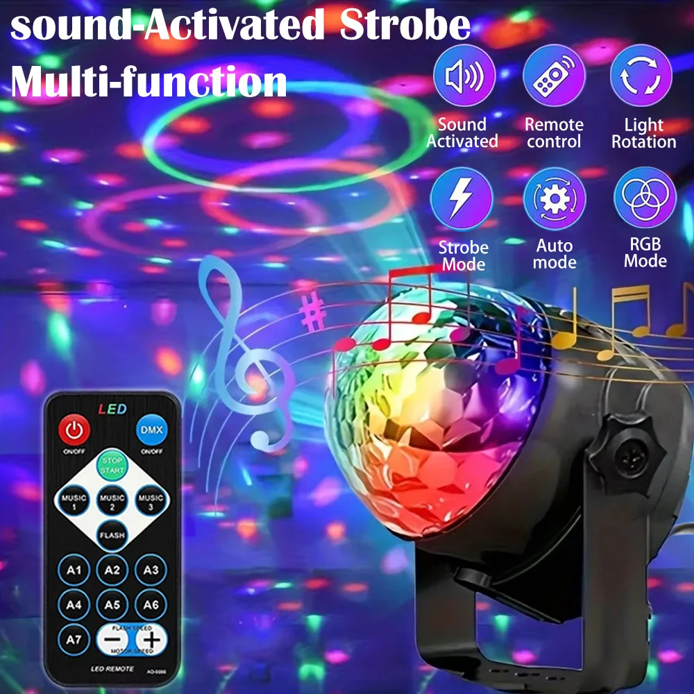 

Светодиодный сценический диско-светильник, вращающийся DJ Ball, стробоскоп, дистанционное управление звуком, волшебный танцевальный автомобиль, RGB, Рождественский подарок, вечеринка, клуб, лазерная лампа для шоу
